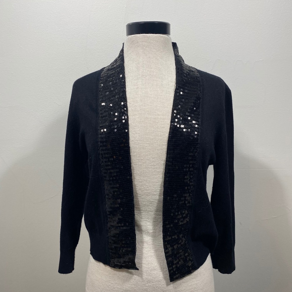 Thesis Women's Lrg Black Sequin Shawl Collar Open Front Cardigan Sweater Evening